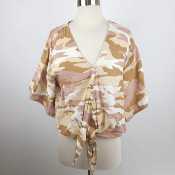 Lovestitch Alena V-Neck Pink Camo Short Kimono Sleeve Front Tie Top Size Small - Picture 1 of 10